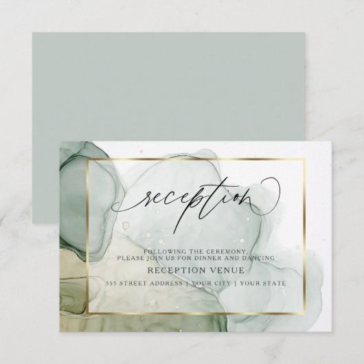 Invitation Encre alcool liquide chic teintes feutrées de vert (Devant / Derrière)
