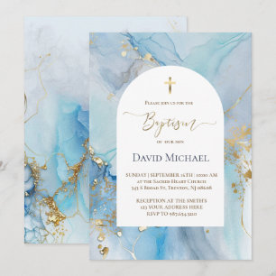 Invitation encre alcoolique bleu baptême
