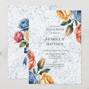 Invitation Encre Alcoolique Roses Bleu Orange Mariage Shower