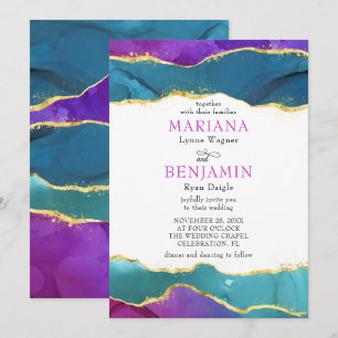 Invitation Encre aquarelle abstraite Fuchsia rose sarcelle or