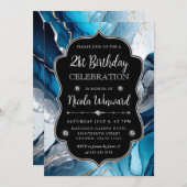 Invitation Encre d'alcool bleu, argent et or 21e anniversaire (Devant / Derrière)