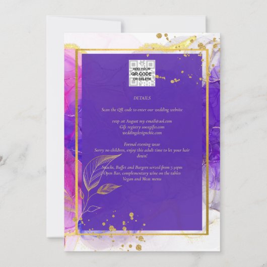 Invitation Encre d'alcool Mariage violet intense en or rose (Dos)