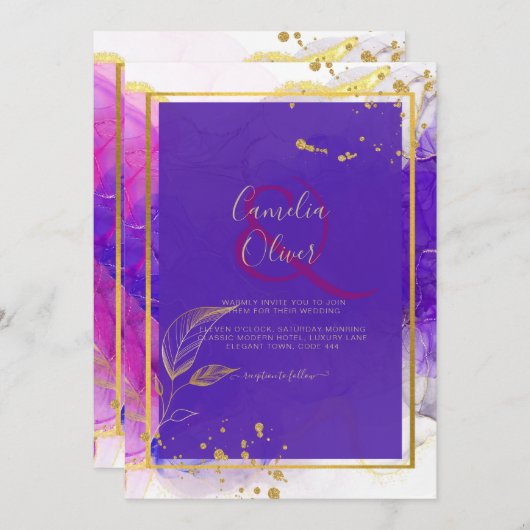 Invitation Encre d'alcool Mariage violet intense en or rose (Devant / Derrière)