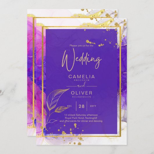 Invitation Encre d'alcool Mariage violet intense en or rose (Devant / Derrière)