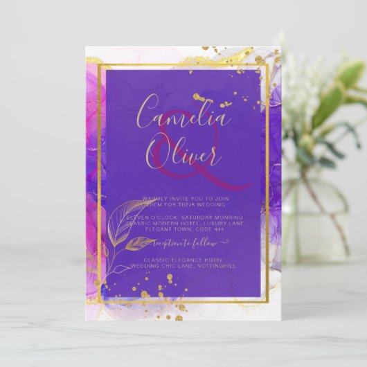Invitation Encre d'alcool Mariage violet intense en or rose (Debout devant)