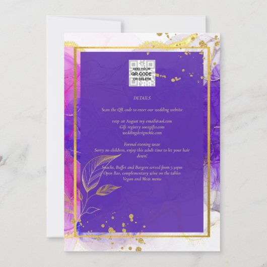 Invitation Encre d'alcool Mariage violet intense en or rose (Dos)