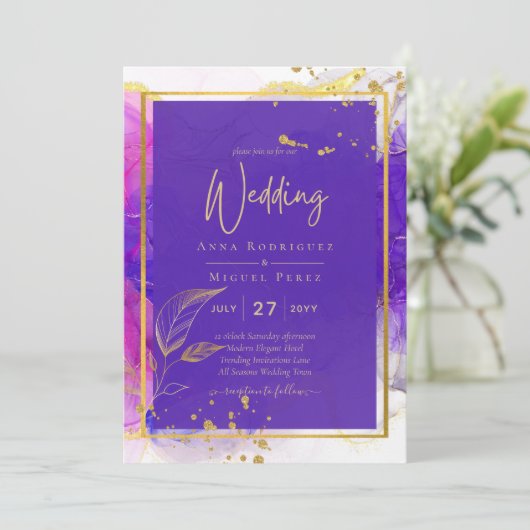 Invitation Encre d'alcool Mariage violet intense en or rose (Debout devant)