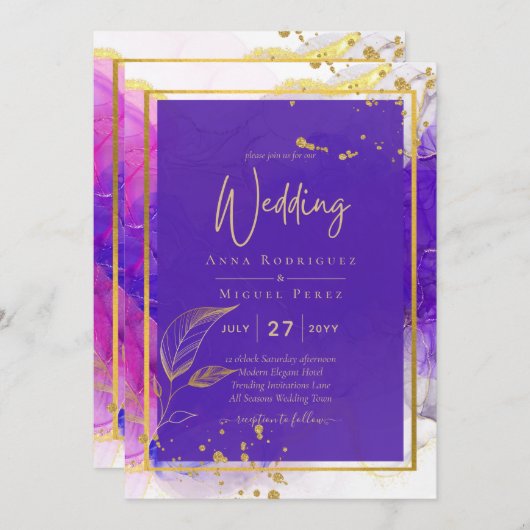 Invitation Encre d'alcool Mariage violet intense en or rose (Devant / Derrière)