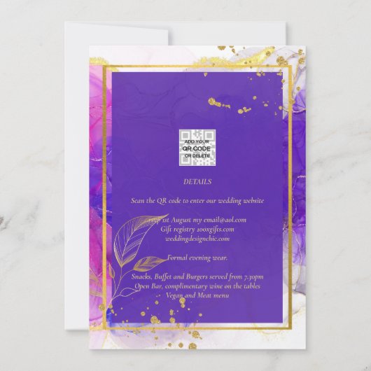 Invitation Encre d'alcool Mariage violet intense en or rose (Dos)