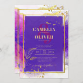 Invitation Encre d'alcool Mariage violet intense en or rose (Devant / Derrière)
