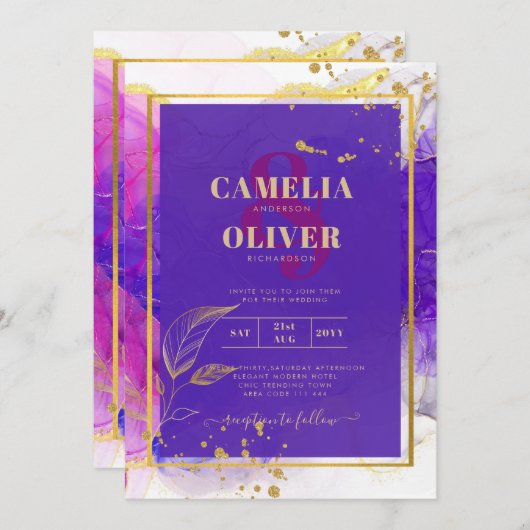 Invitation Encre d'alcool Mariage violet intense en or rose (Devant / Derrière)