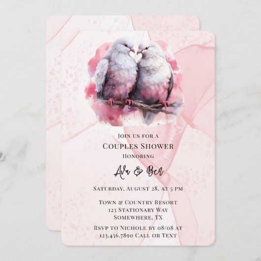 Invitation Encre d'alcool rose Deux Inséparables Couples Douc (Devant / Derrière)