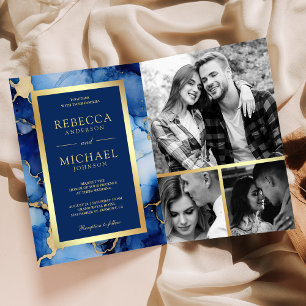 Invitation Encre Liquide Or Bleu Royal Code QR Mariage