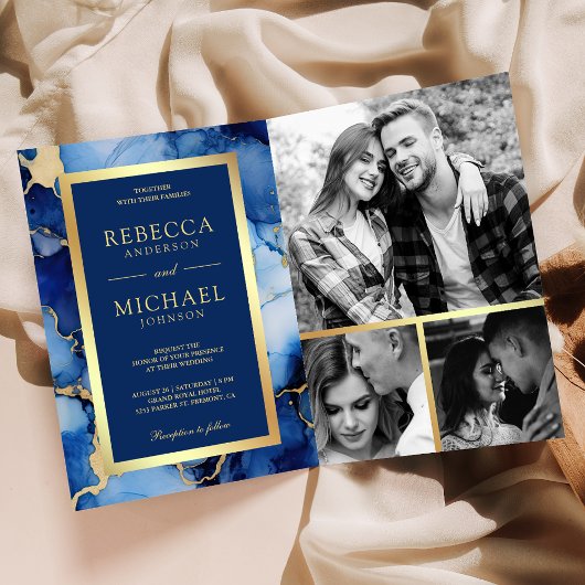 Invitation Encre Liquide Or Bleu Royal Code QR Mariage
