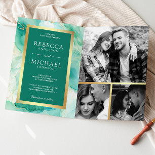 Invitation Encre Liquide Or Vert Menthe Code QR Mariage