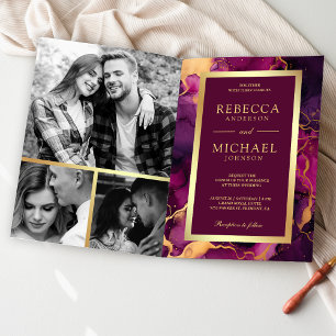 Invitation Encre Liquide Or Violet Prune Code QR Mariage