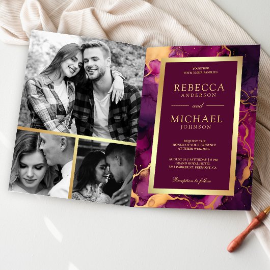 Invitation Encre Liquide Or Violet Prune Code QR Mariage