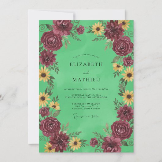 Invitation Encre Prune Céladon Peint Mariage (Devant)