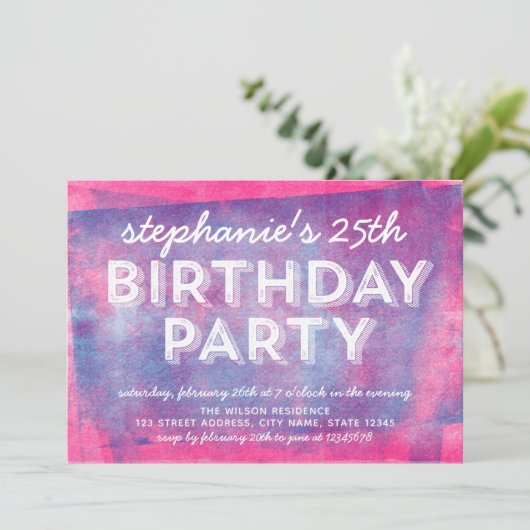 Invitation Encre rose et bleu roulée n'importe quel âge Anniv (Debout devant)