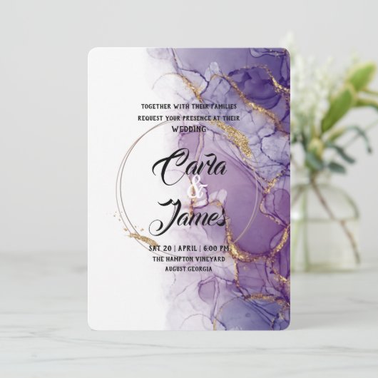 Invitation encre violette moderne Aquarelle mariage élégant (Debout devant)