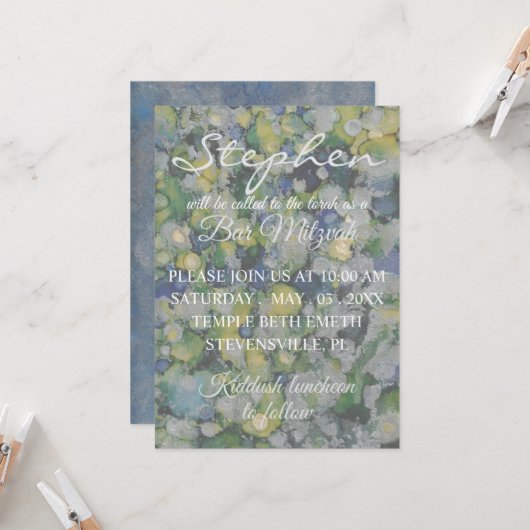 Invitation Encres colorées Bar Mitzvah (Devant/Arrière en situation)