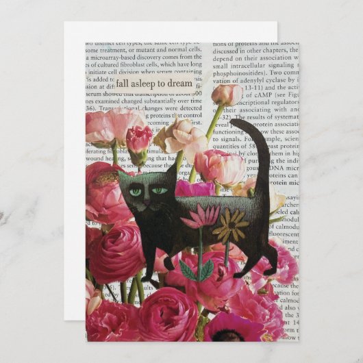 Invitation Endormez-vous pour rêver Chat noir Fleurs roses ch (Devant / Derrière)