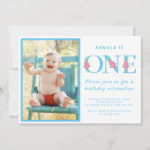 Invitation Enfant 1er Anniversaire Fête Photo Bleue (Devant)
