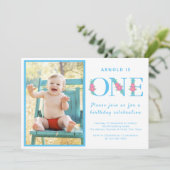 Invitation Enfant 1er Anniversaire Fête Photo Bleue (Debout devant)