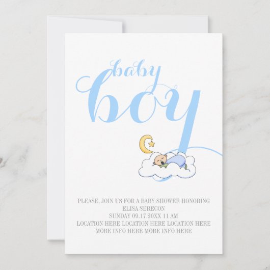 Invitation Enfant bébé en sommeil douche bleu texte minimum (Devant)