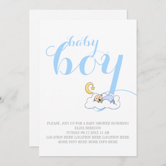 Invitation Enfant bébé en sommeil douche bleu texte minimum (Devant / Derrière)