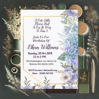 Invitation Enfant bleu doux Petit Bud Fleur Hydrangea Anniver