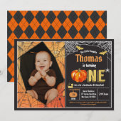 Invitation Enfant citrouille d'Halloween 1er anniversaire pho (Devant / Derrière)
