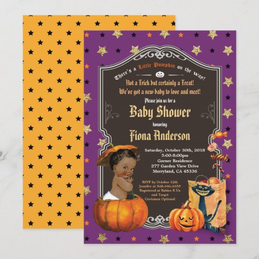 Invitation Enfant citrouille d'Halloween douche doré violet (Devant / Derrière)