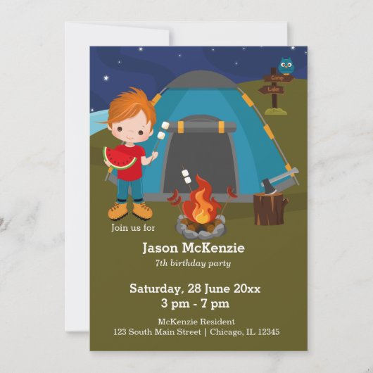 Invitation Enfant d'anniversaire de camping (Devant)