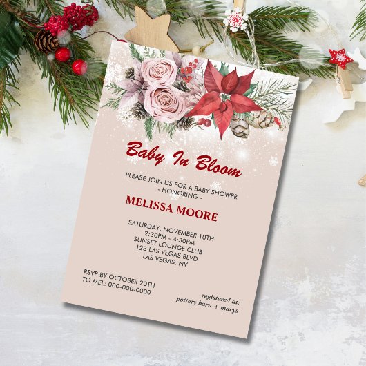 Invitation Enfant d'hiver en fleur rose fleurie poinsettia ro