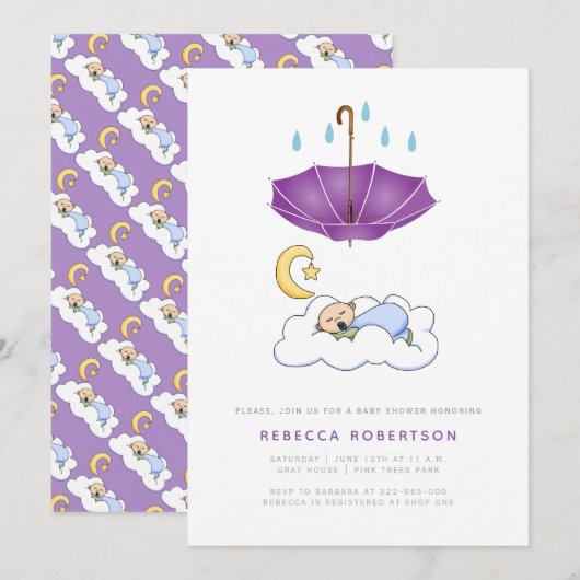 Invitation Enfant endormi douche violet parapluie mignon (Devant / Derrière)