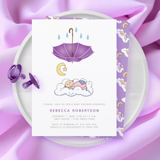 Invitation Enfant endormi douche violet parapluie mignon