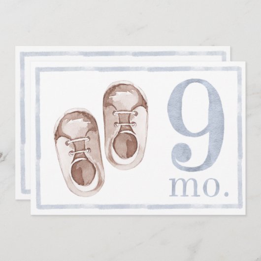 Invitation Enfant Garçon Aquarelle Jalon Neuf Mois Vieux Cart (Devant / Derrière)