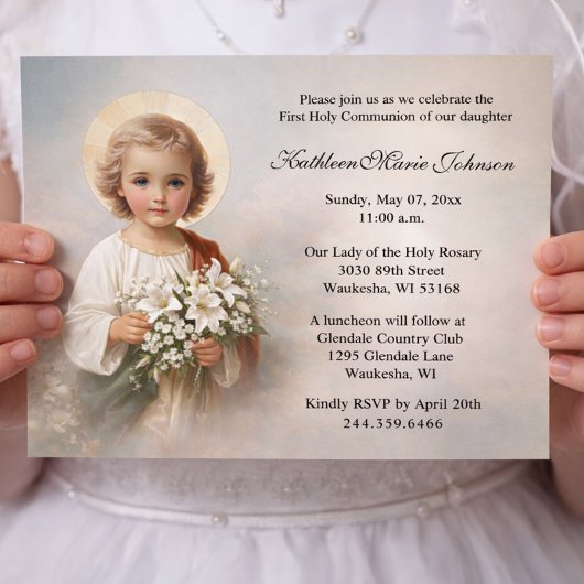 Invitation Enfant Jésus de la Première Communion avec des lys