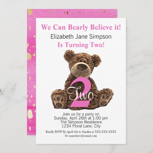 Invitation Enfant moderne 2e anniversaire Ours mignon rose se (Devant / Derrière)