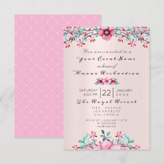 Invitation Enfant Naissance Floral Bohême Poupée Kraft Rose (Devant / Derrière)
