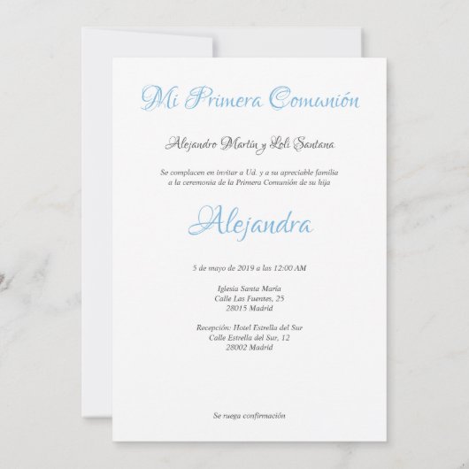 Invitation Enfant Première Communion avec Ébarbe (Dos)