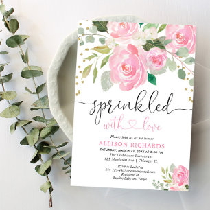 Invitation Enfant rose et or fleurie fille aspersion