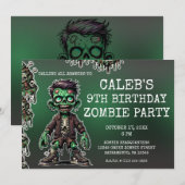 Invitation Enfant Zombie Vert & Fête d'anniversaire Halloween (Devant / Derrière)