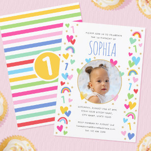 Invitation Enfants 1er anniversaire mignon arc-en-ciel Coeurs