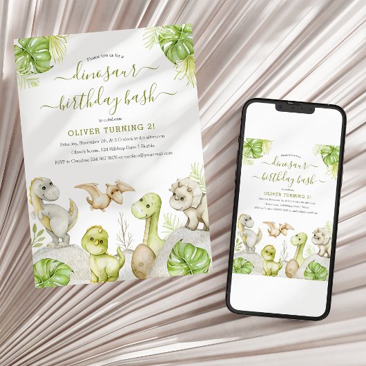 Invitation Enfants Aquarelle Dinosaur fête d'anniversaire