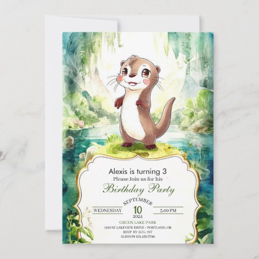 Invitation Enfants Aquarelle Otter Anniversaire (Devant)