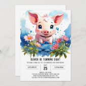Invitation Enfants Aquarelle Piglet Barnyard Aventure Anniver (Devant / Derrière)