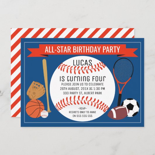 Invitation Enfants Baseball Sports Anniversaire Fête Invitati (Devant / Derrière)