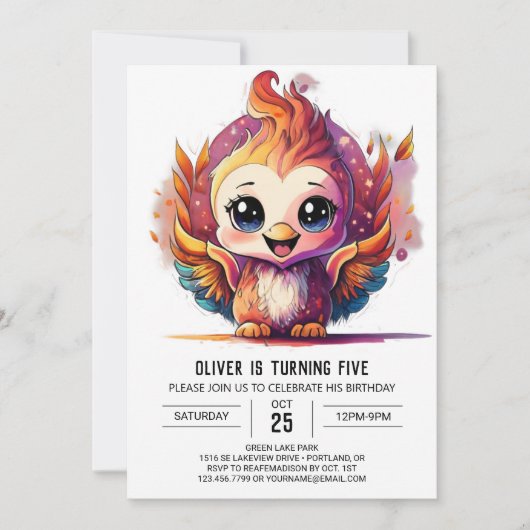 Invitation Enfants Boho Phoenix Aquarelle Anniversaire (Devant)